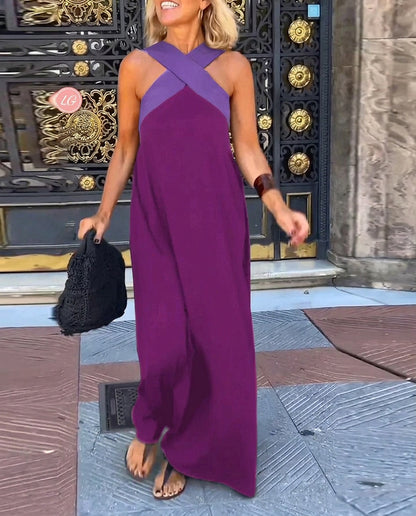 Vestido largo sin mangas con cuello cruzado para mujer-Maxi Dress-Casaluzia