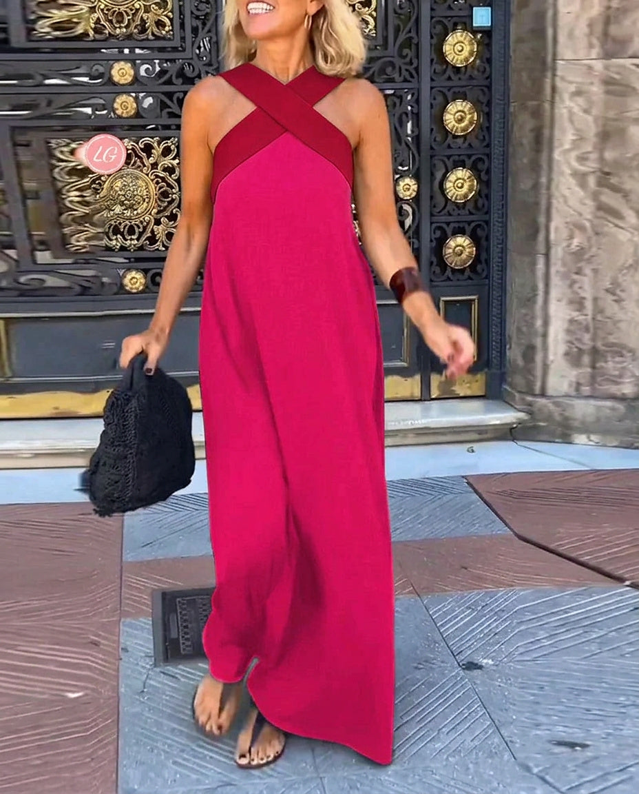 Vestido largo sin mangas con cuello cruzado para mujer-Maxi Dress-Casaluzia