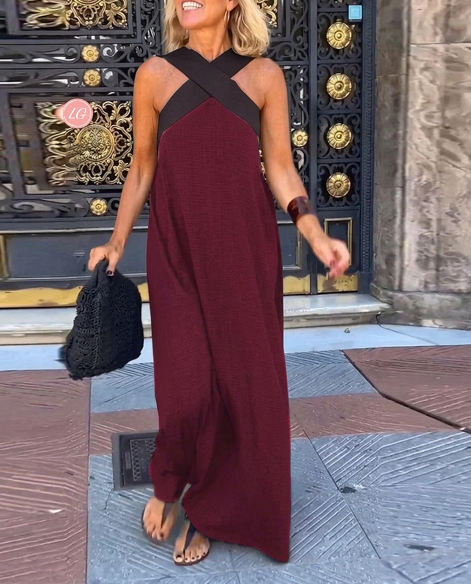 Vestido largo sin mangas con cuello cruzado para mujer-Maxi Dress-Casaluzia
