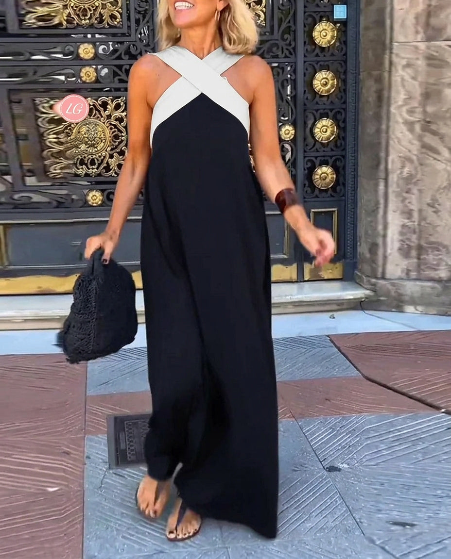Vestido largo sin mangas con cuello cruzado para mujer-Maxi Dress-Casaluzia