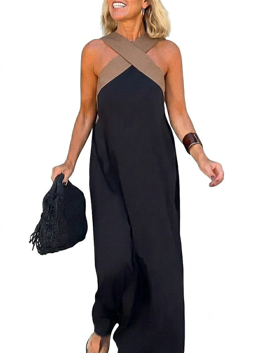 Vestido largo sin mangas con cuello cruzado para mujer-Maxi Dress-Casaluzia
