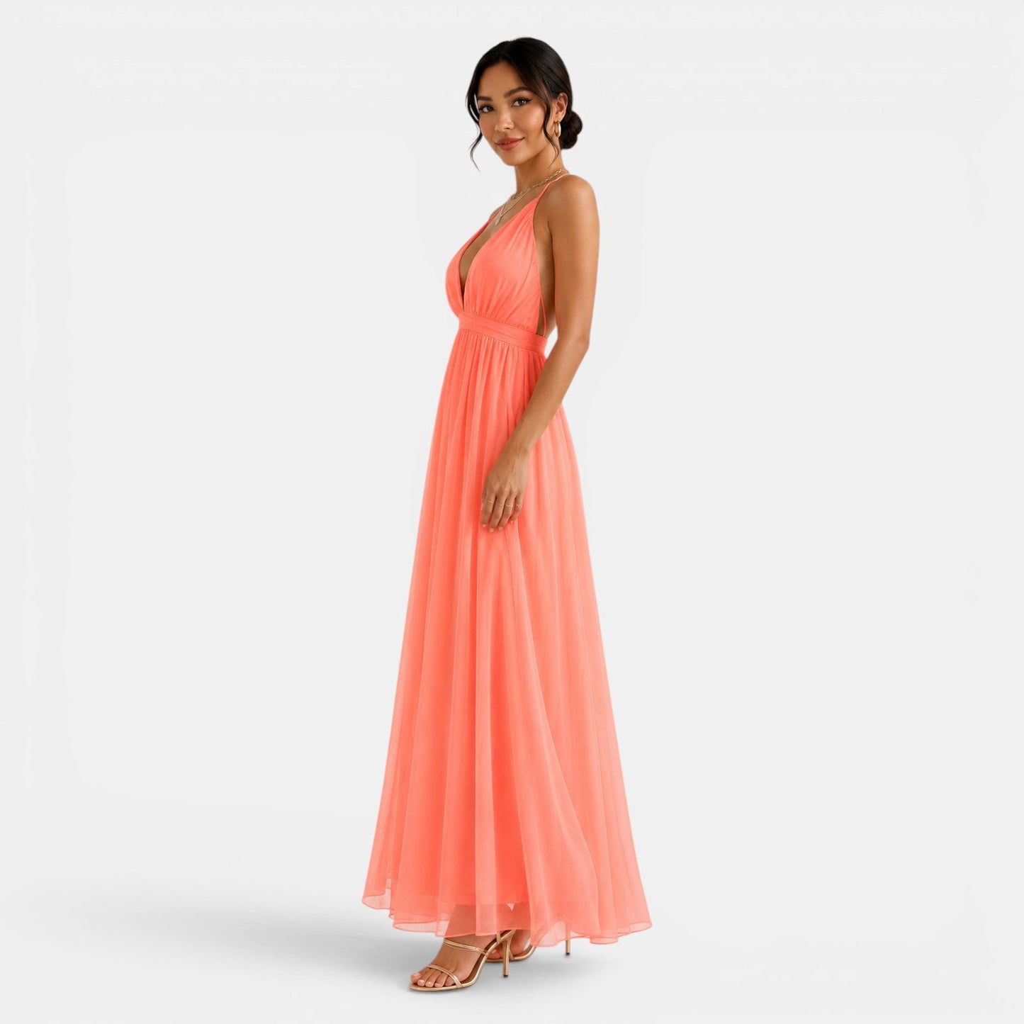 Vestido largo sin mangas con cuello en V para mujer-Maxi Dress-Casaluzia