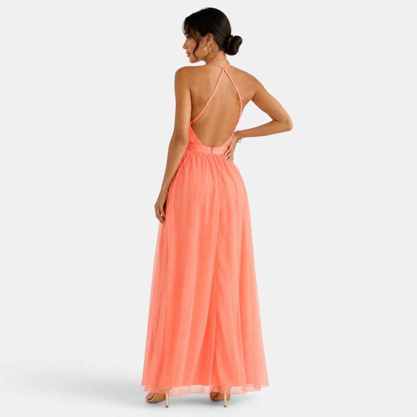 Vestido largo sin mangas con cuello en V para mujer-Maxi Dress-Casaluzia