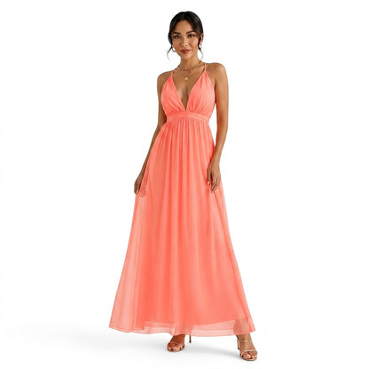Vestido largo sin mangas con cuello en V para mujer-Maxi Dress-Casaluzia