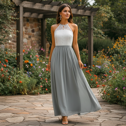 Vestido largo sin mangas con cuerpo de encaje para mujer-Maxi Dress-Casaluzia
