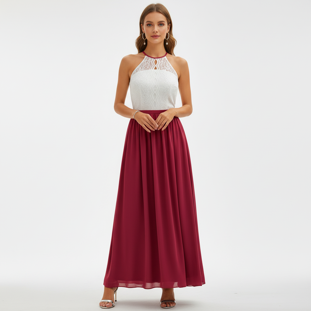 Vestido largo sin mangas con cuerpo de encaje para mujer-Maxi Dress-Casaluzia