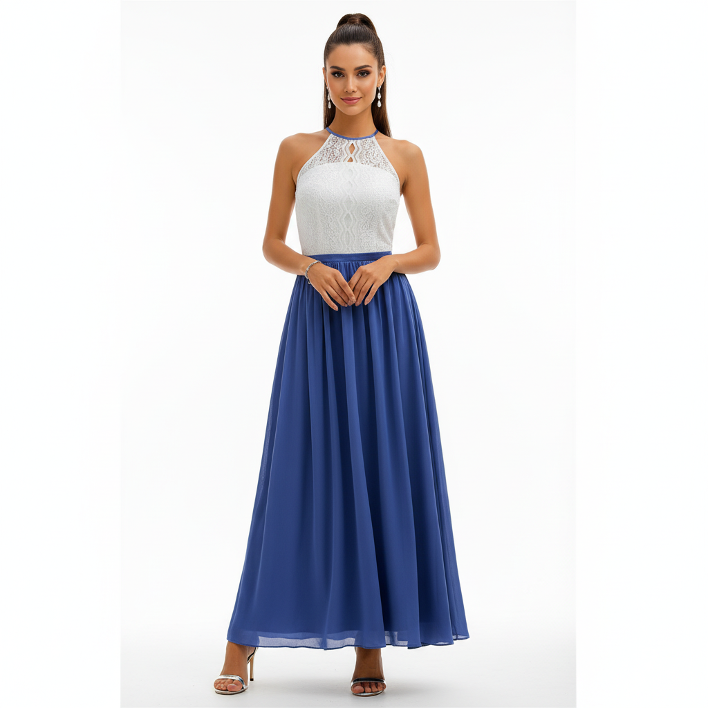 Vestido largo sin mangas con cuerpo de encaje para mujer-Maxi Dress-Casaluzia