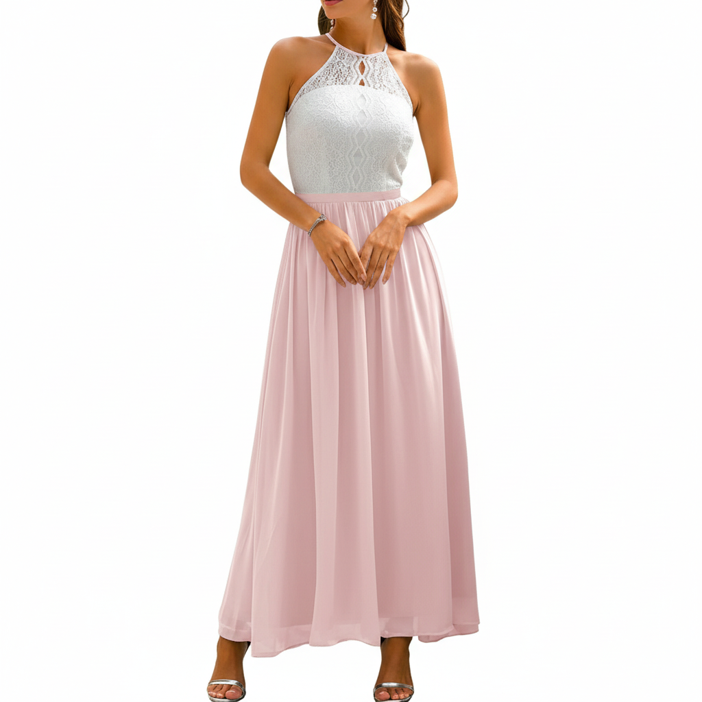 Vestido largo sin mangas con cuerpo de encaje para mujer-Maxi Dress-Casaluzia