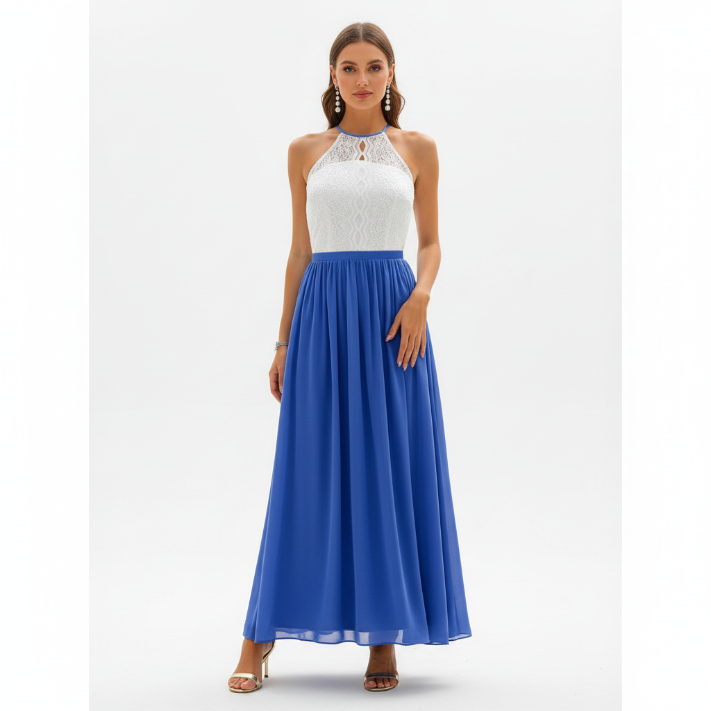 Vestido largo sin mangas con cuerpo de encaje para mujer-Maxi Dress-Casaluzia