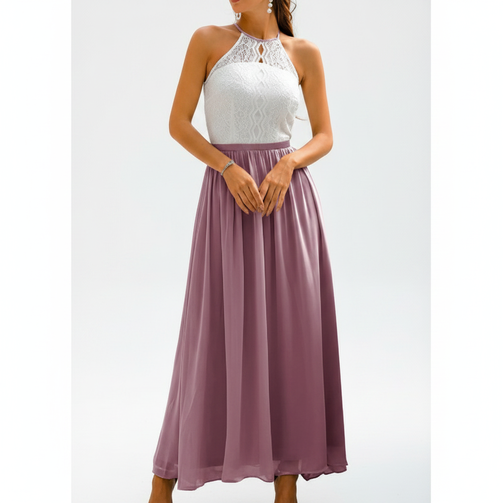 Vestido largo sin mangas con cuerpo de encaje para mujer-Maxi Dress-Casaluzia