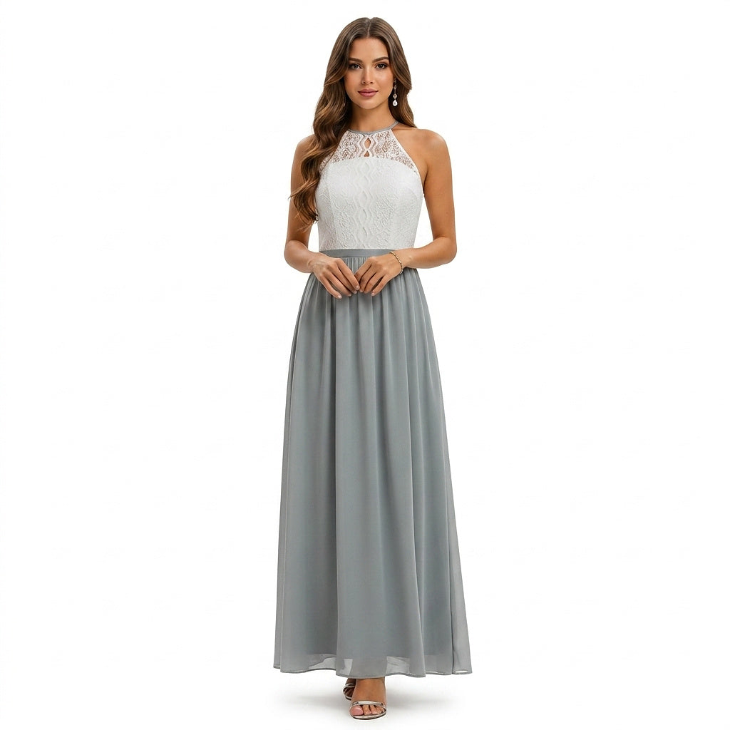 Vestido largo sin mangas con cuerpo de encaje para mujer-Maxi Dress-Casaluzia