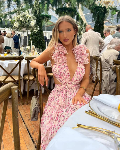 Vestido largo sin mangas con estampado floral para mujer-Maxi Dress-Casaluzia