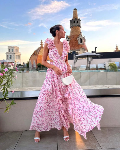 Vestido largo sin mangas con estampado floral para mujer-Maxi Dress-Casaluzia