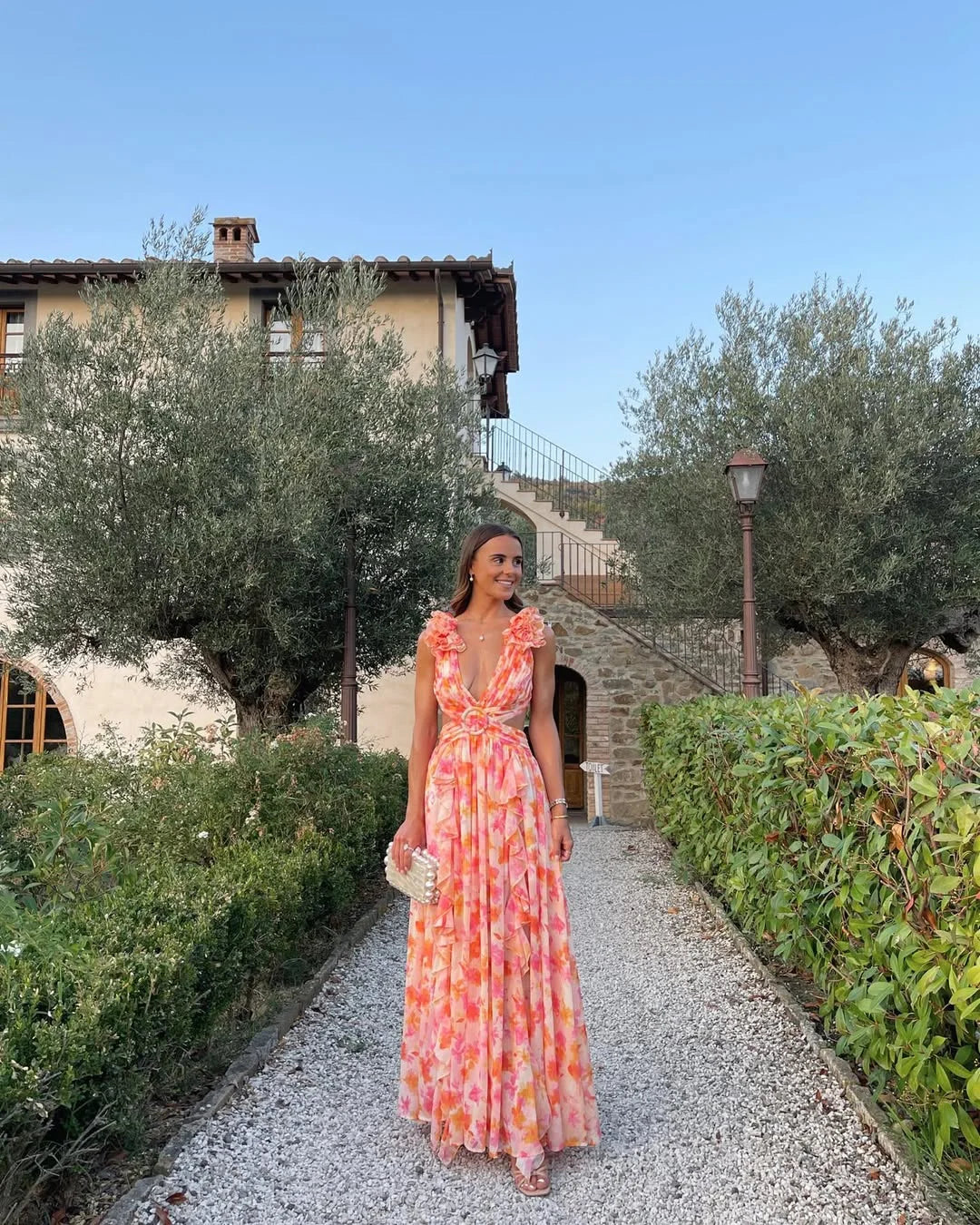 Vestido largo sin mangas con estampado floral para mujer-Maxi Dress-Casaluzia