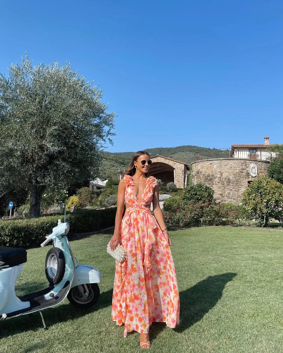 Vestido largo sin mangas con estampado floral para mujer-Maxi Dress-Casaluzia