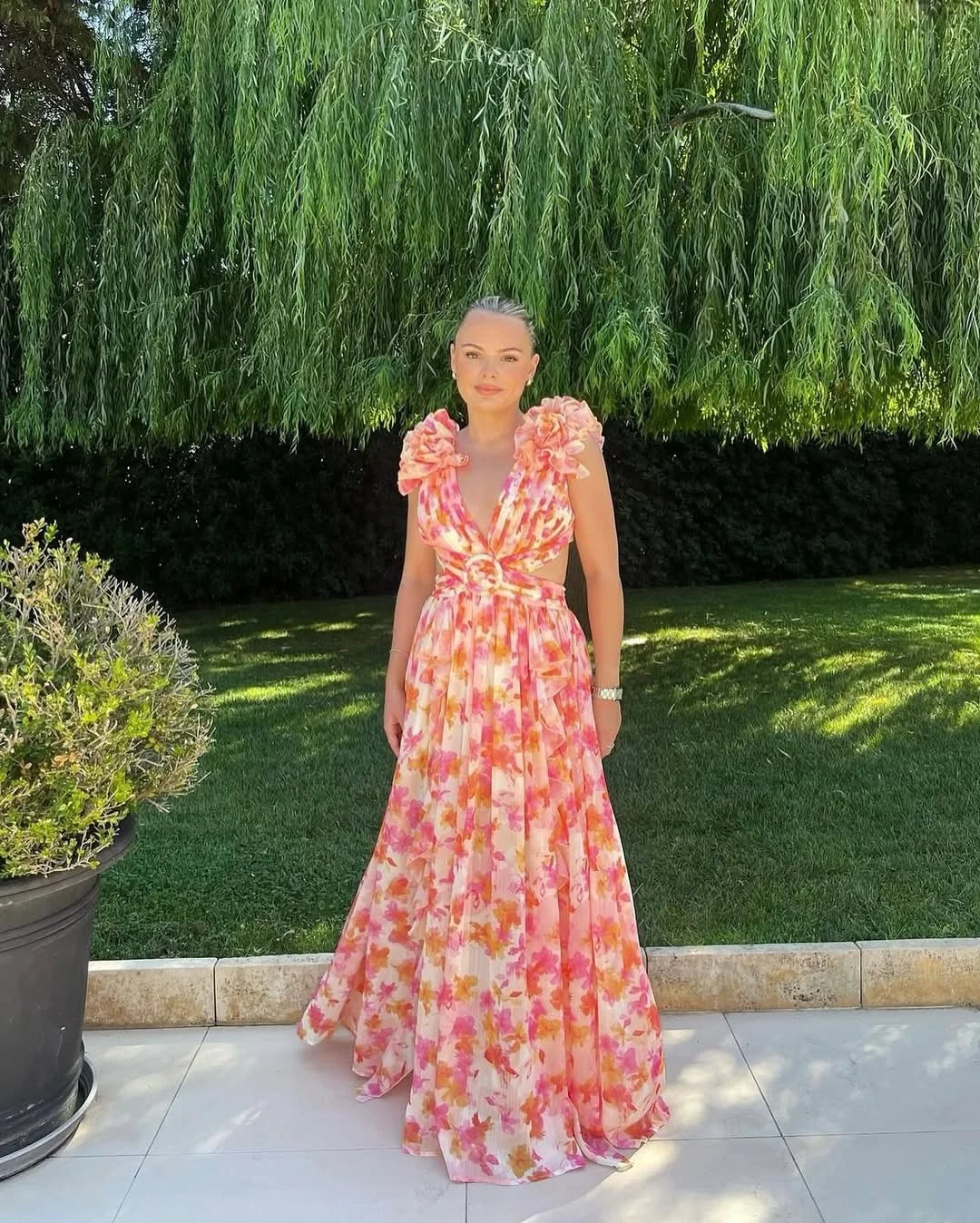 Vestido largo sin mangas con estampado floral para mujer-Maxi Dress-Casaluzia