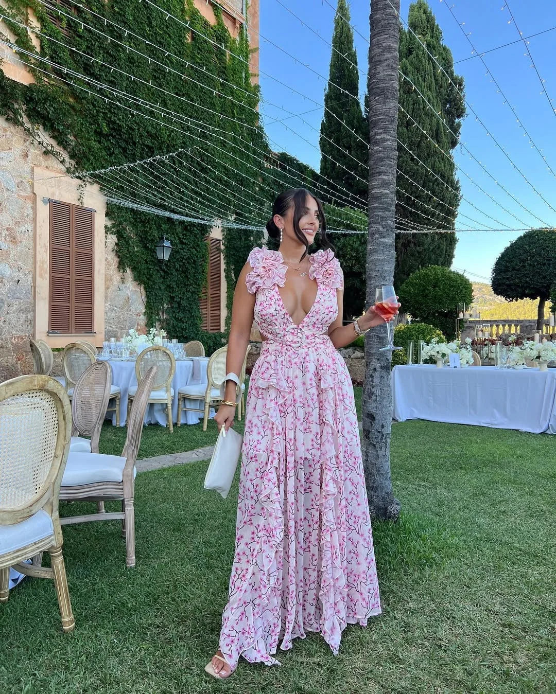 Vestido largo sin mangas con estampado floral para mujer-Maxi Dress-Casaluzia
