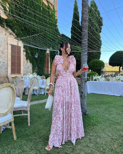 Vestido largo sin mangas con estampado floral para mujer-Maxi Dress-Casaluzia