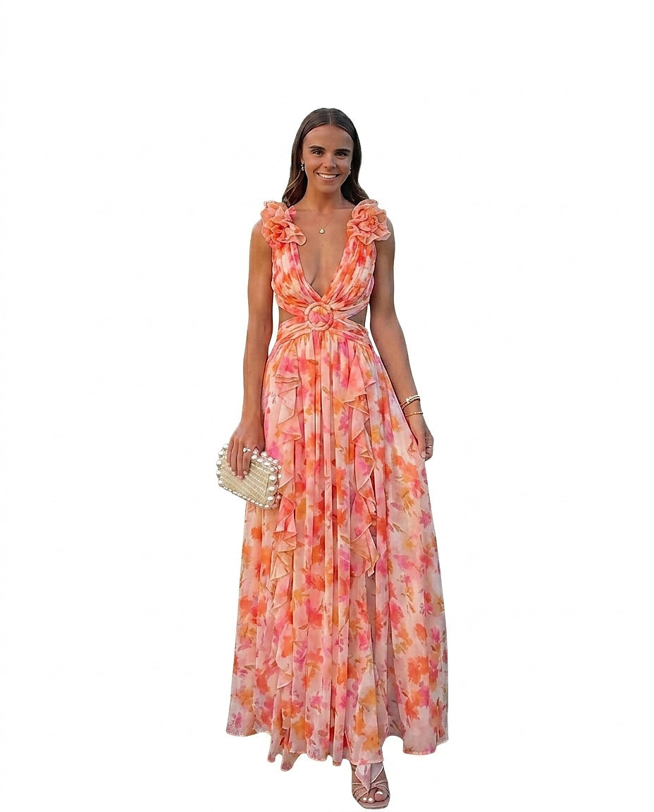 Vestido largo sin mangas con estampado floral para mujer-Maxi Dress-Casaluzia