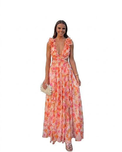 Vestido largo sin mangas con estampado floral para mujer-Maxi Dress-Casaluzia