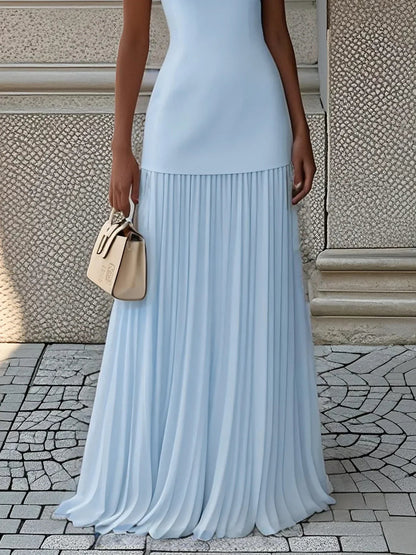 Vestido largo sin mangas para mujer con falda plisada-Maxi Dress-Casaluzia