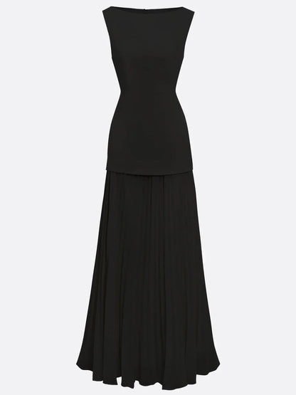 Vestido largo sin mangas para mujer con falda plisada-Maxi Dress-Casaluzia