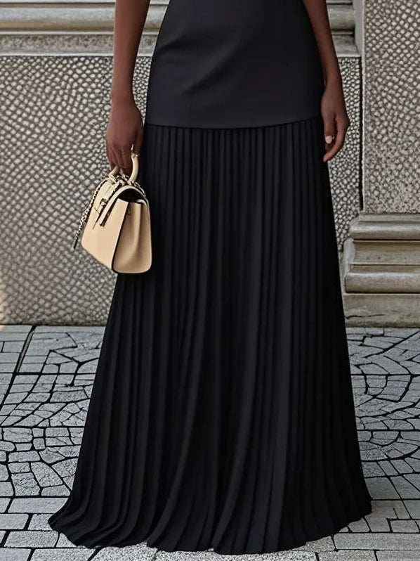 Vestido largo sin mangas para mujer con falda plisada-Maxi Dress-Casaluzia
