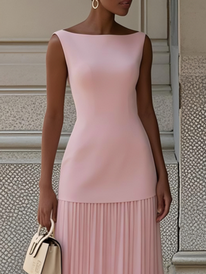 Vestido largo sin mangas para mujer con falda plisada-Maxi Dress-Casaluzia