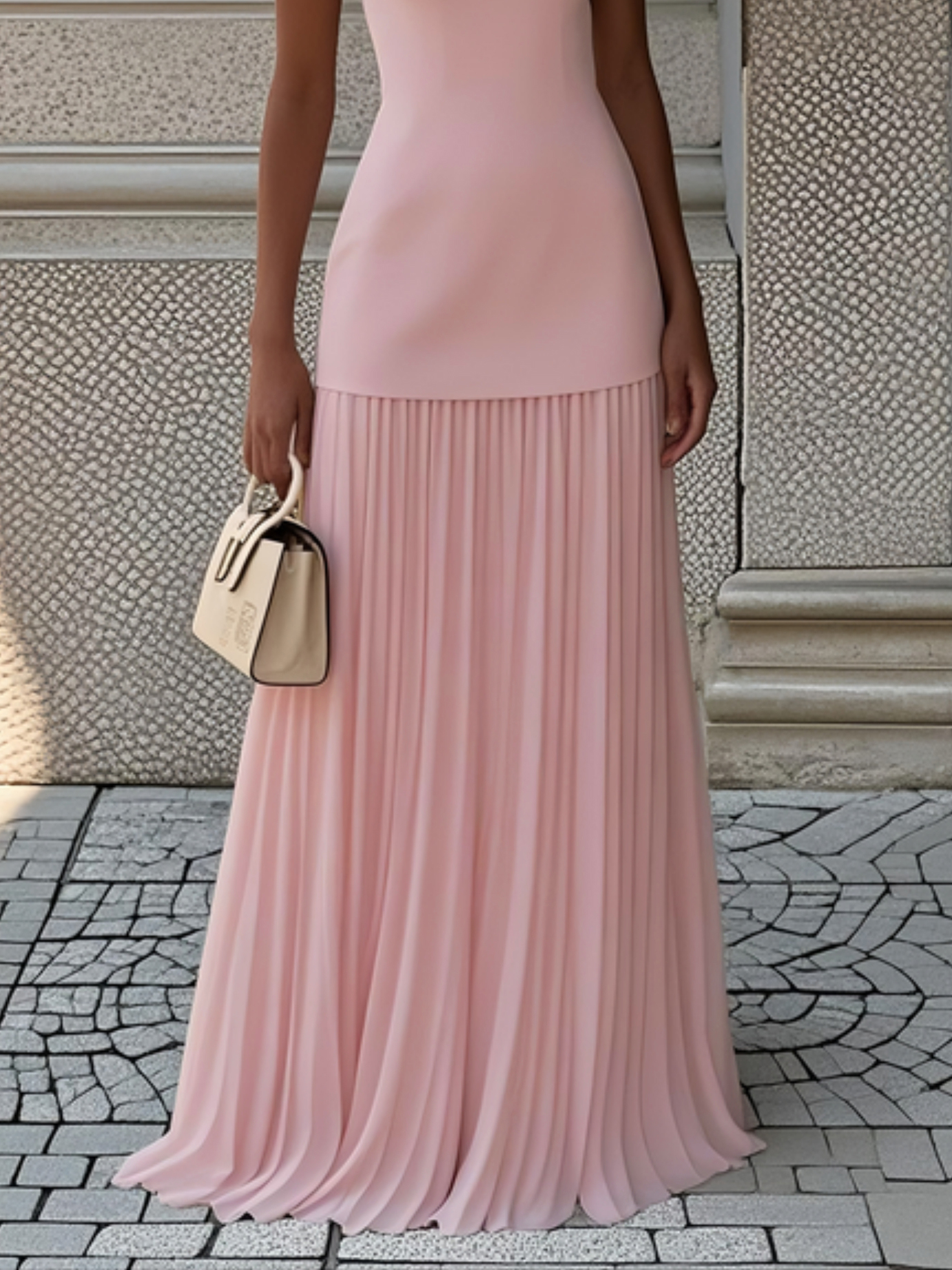 Vestido largo sin mangas para mujer con falda plisada-Maxi Dress-Casaluzia