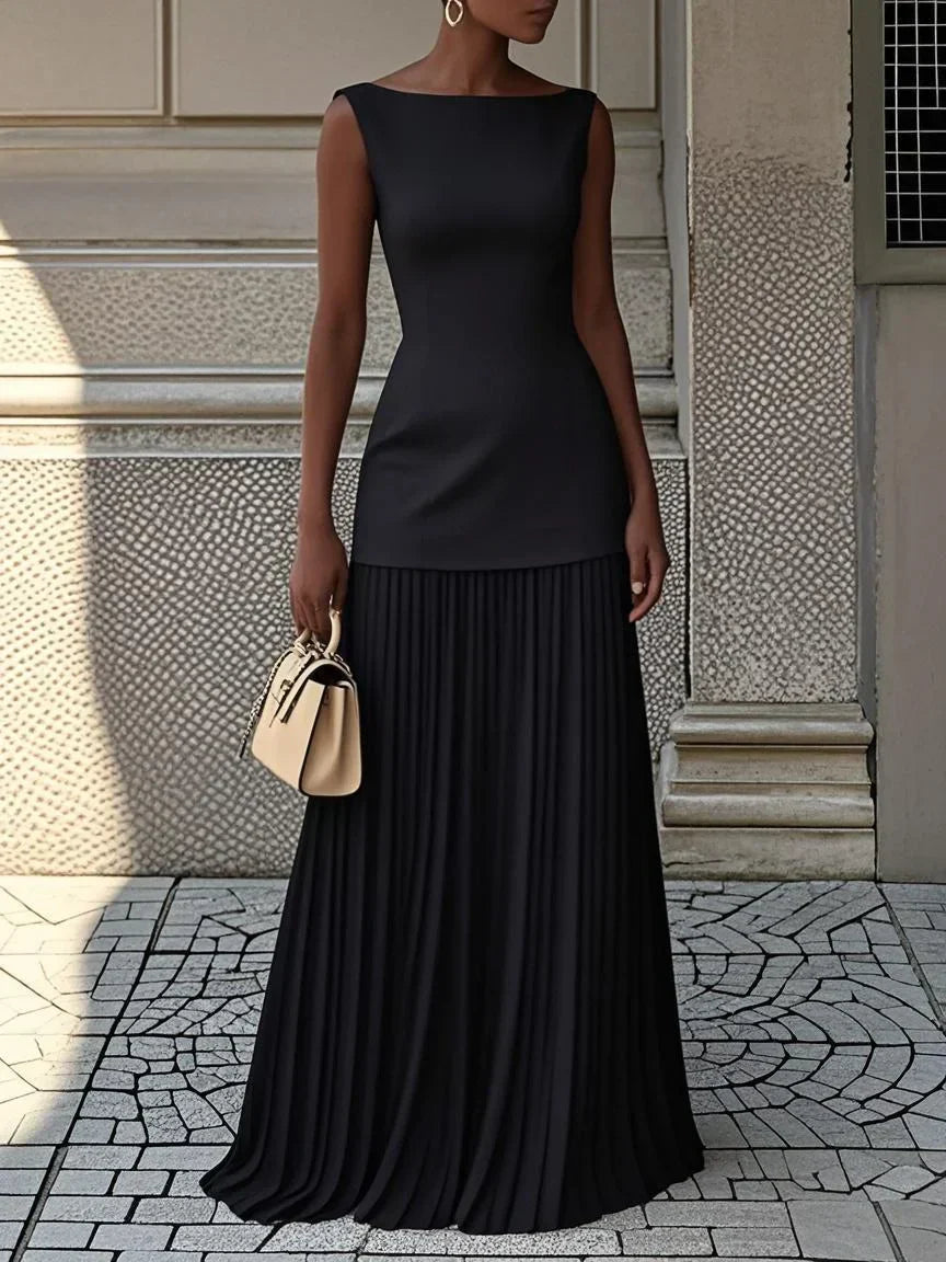 Vestido largo sin mangas para mujer con falda plisada-Maxi Dress-Casaluzia