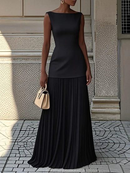 Vestido largo sin mangas para mujer con falda plisada-Maxi Dress-Casaluzia