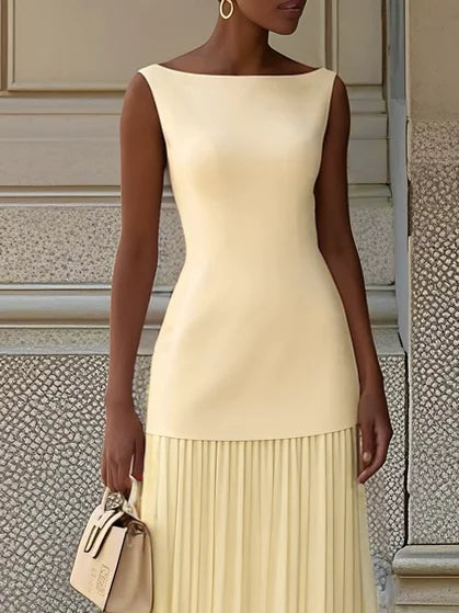 Vestido largo sin mangas para mujer con falda plisada-Maxi Dress-Casaluzia