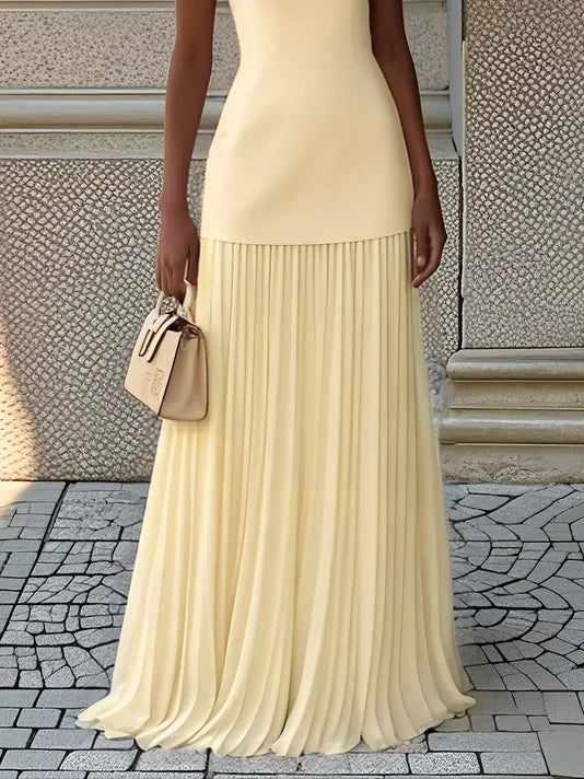 Vestido largo sin mangas para mujer con falda plisada-Maxi Dress-Casaluzia