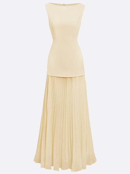 Vestido largo sin mangas para mujer con falda plisada-Maxi Dress-Casaluzia