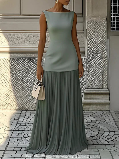 Vestido largo sin mangas para mujer con falda plisada-Maxi Dress-Casaluzia