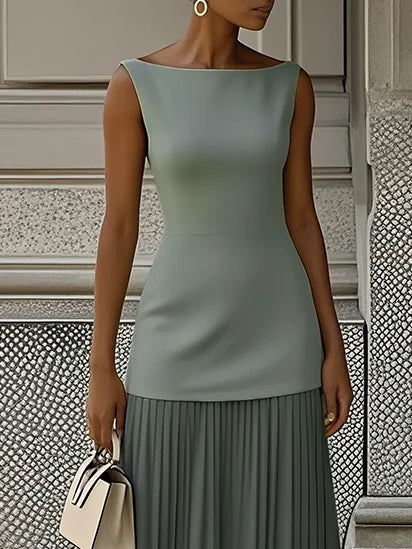 Vestido largo sin mangas para mujer con falda plisada-Maxi Dress-Casaluzia