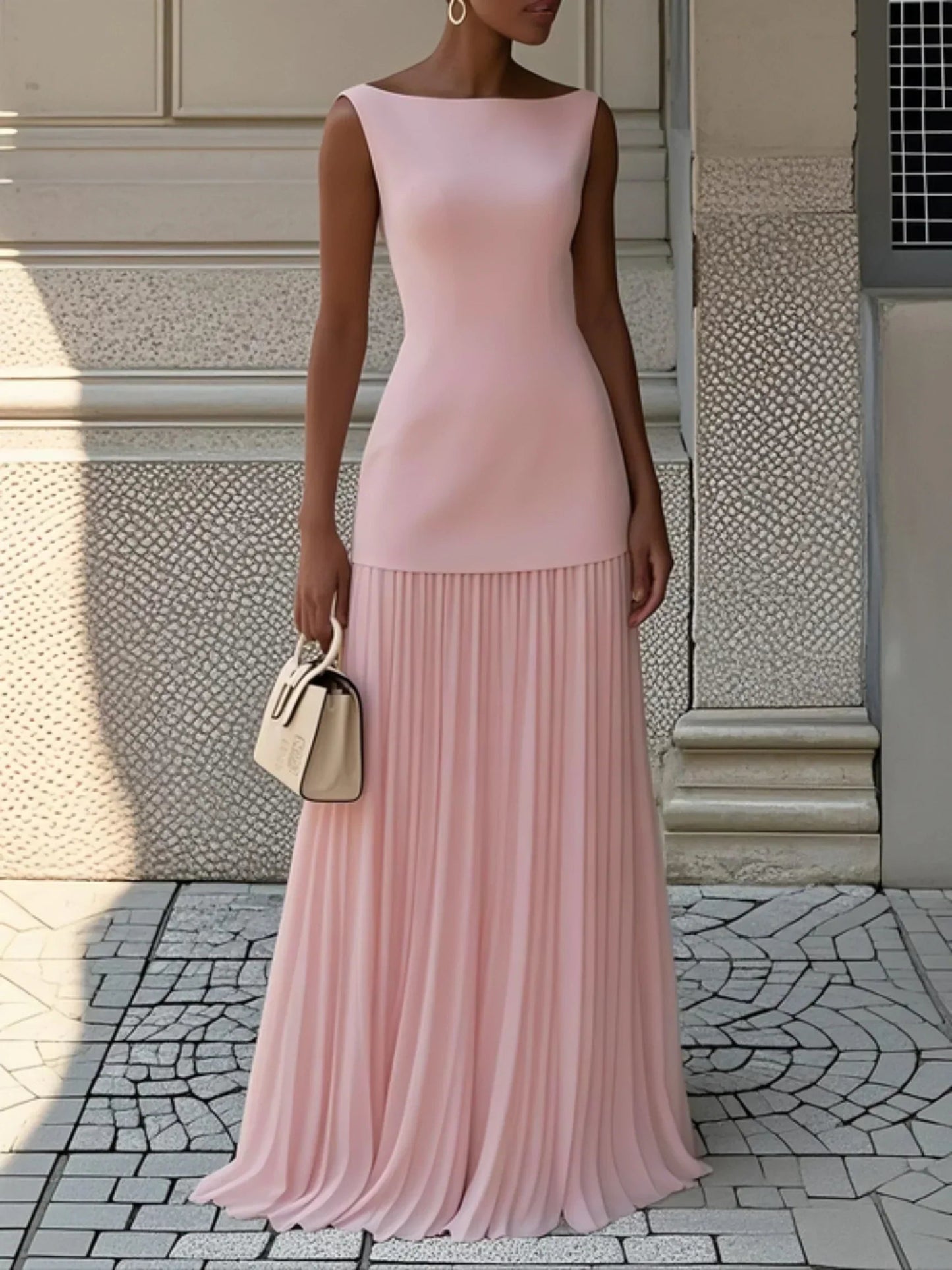 Vestido largo sin mangas para mujer con falda plisada-Maxi Dress-Casaluzia