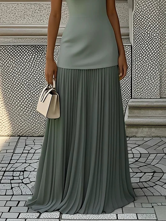 Vestido largo sin mangas para mujer con falda plisada-Maxi Dress-Casaluzia