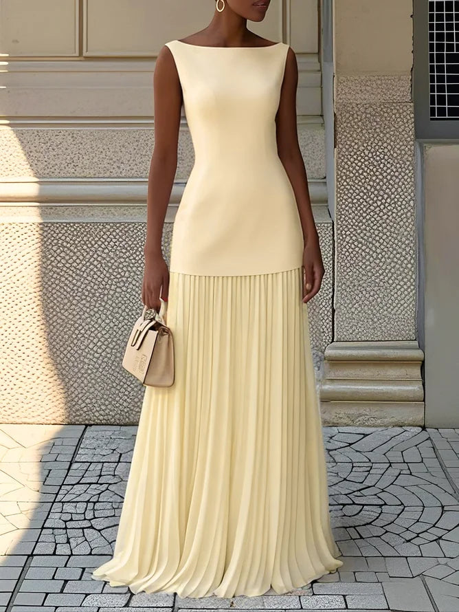 Vestido largo sin mangas para mujer con falda plisada-Maxi Dress-Casaluzia