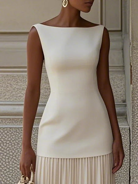 Vestido largo sin mangas para mujer con falda plisada-Maxi Dress-Casaluzia