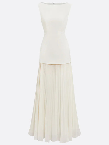 Vestido largo sin mangas para mujer con falda plisada-Maxi Dress-Casaluzia