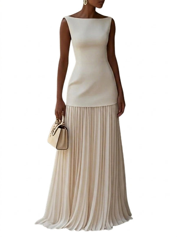 Vestido largo sin mangas para mujer con falda plisada-Maxi Dress-Casaluzia