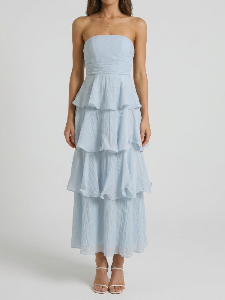 Vestido largo sin tirantes con falda en capas y volantes-Maxi Dress-Casaluzia