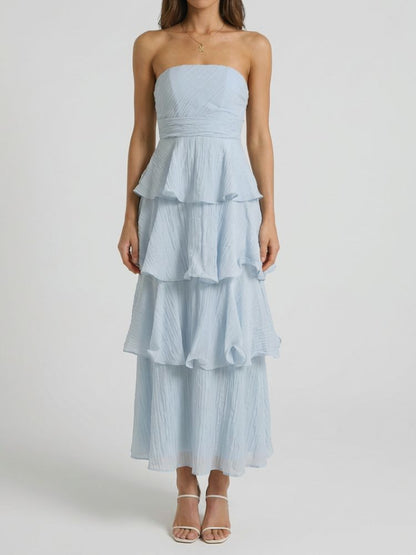 Vestido largo sin tirantes con falda en capas y volantes-Maxi Dress-Casaluzia
