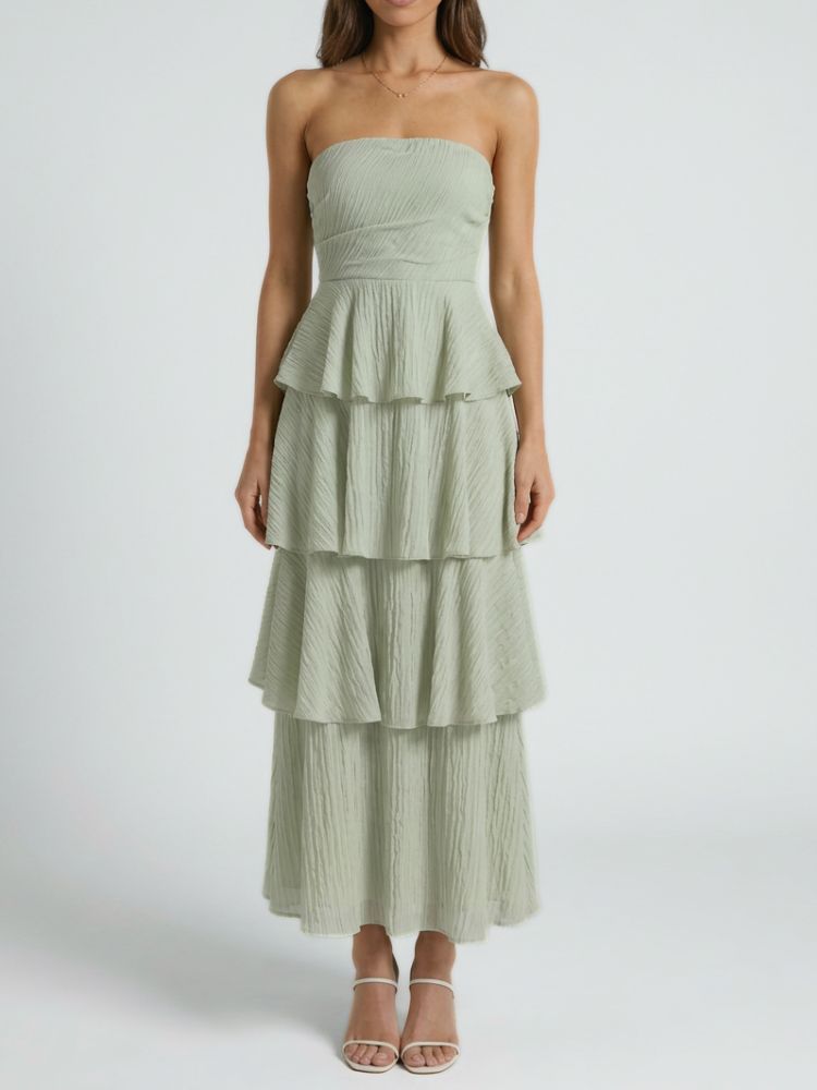 Vestido largo sin tirantes con falda en capas y volantes-Maxi Dress-Casaluzia