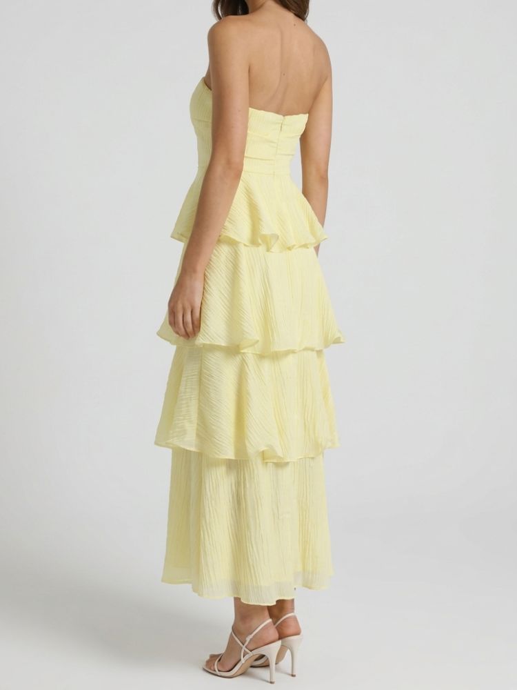 Vestido largo sin tirantes con falda en capas y volantes-Maxi Dress-Casaluzia