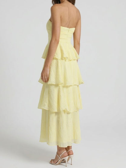 Vestido largo sin tirantes con falda en capas y volantes-Maxi Dress-Casaluzia
