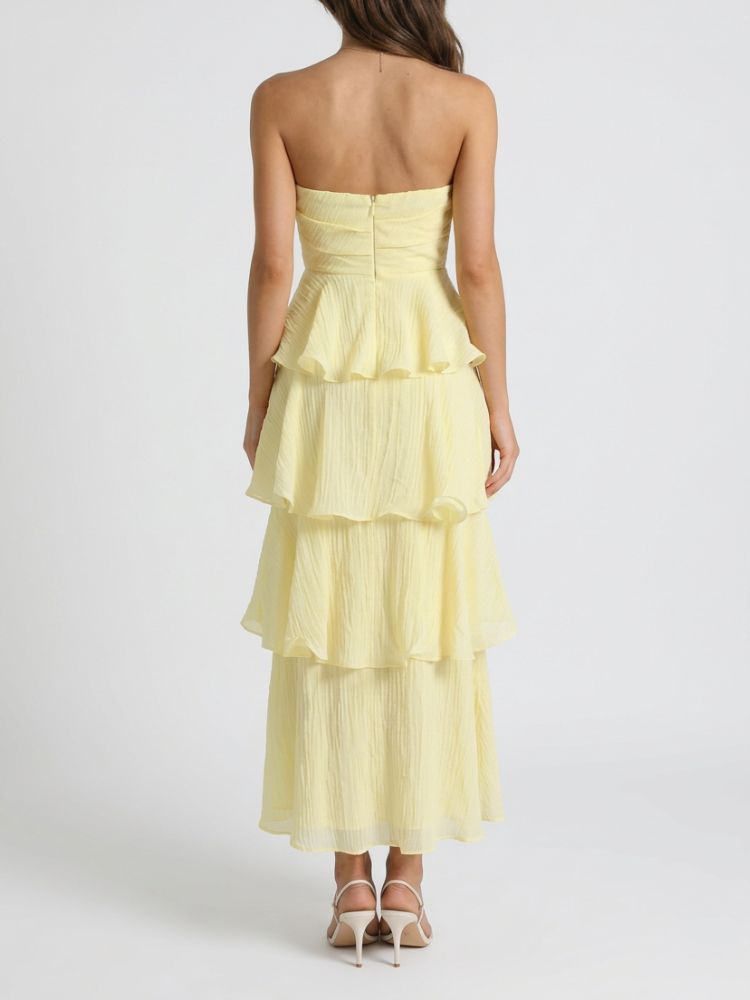 Vestido largo sin tirantes con falda en capas y volantes-Maxi Dress-Casaluzia