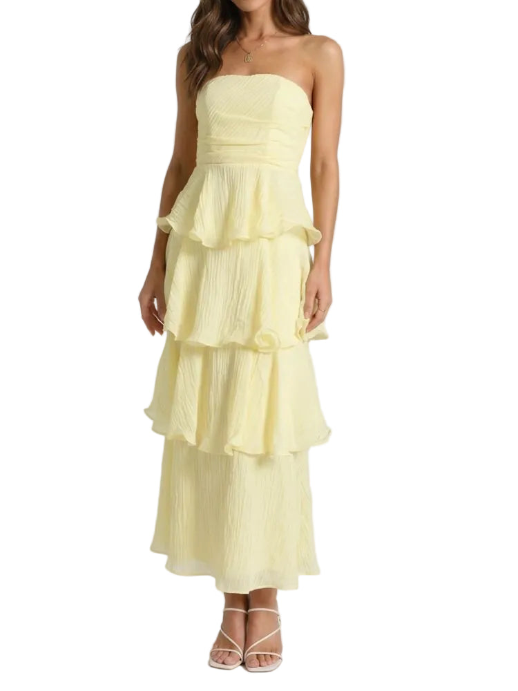 Vestido largo sin tirantes con falda en capas y volantes-Maxi Dress-Casaluzia