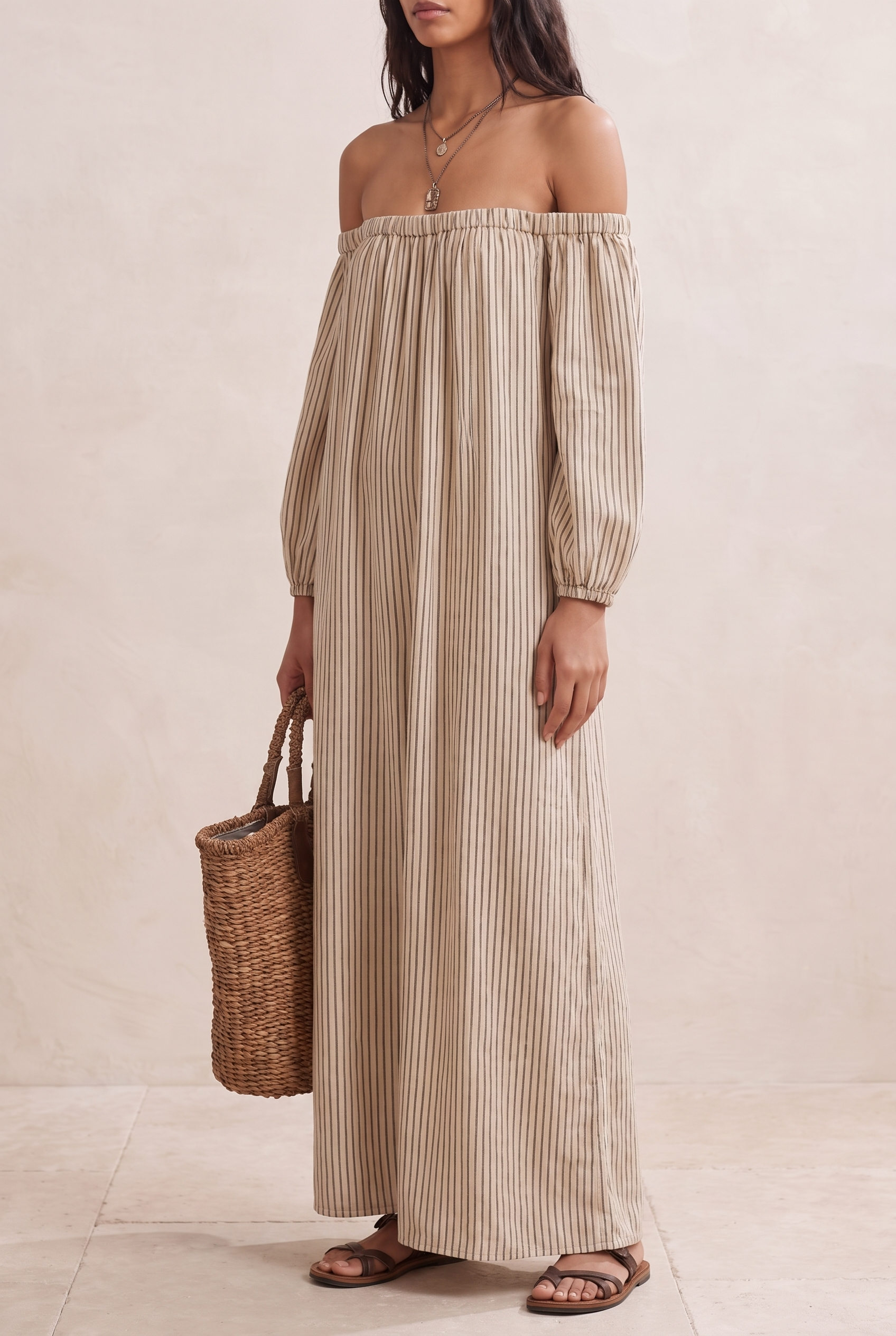 Vestido Maxi a Rayas con Hombros Descubiertos para Mujer-Maxi Dress-Casaluzia
